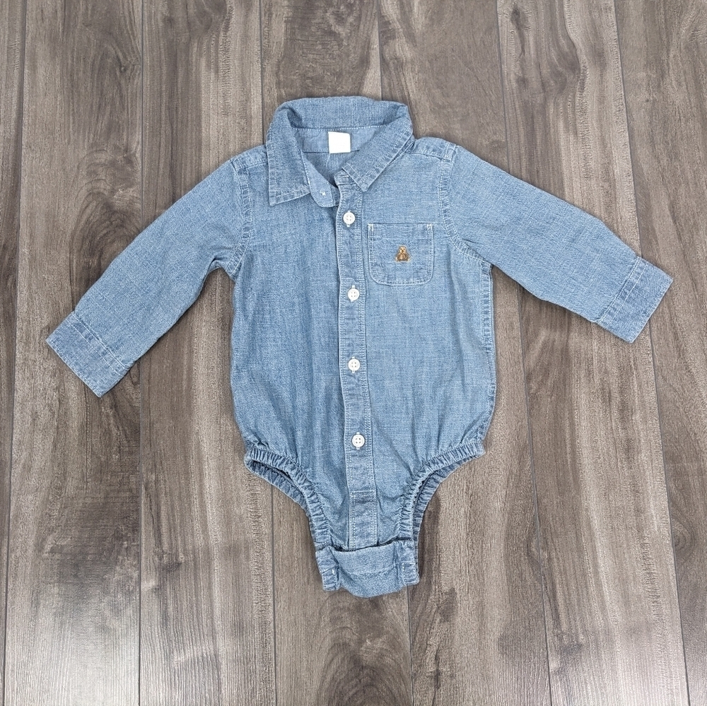 Gap baby One Piece Long Sleeve Chambray Teddy Onesie Size 12-18 month